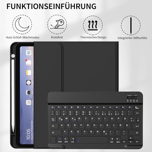GKABXY Etui z klawiaturą do iPada A16 11 generacji 2025/10 generacji 2022 (11/10,9 cala), elastyczne etui TPU z uchwytem na długopis, układ QWERTZ, magnetyczna zdejmowana klawiatura Bluetooth, czarne