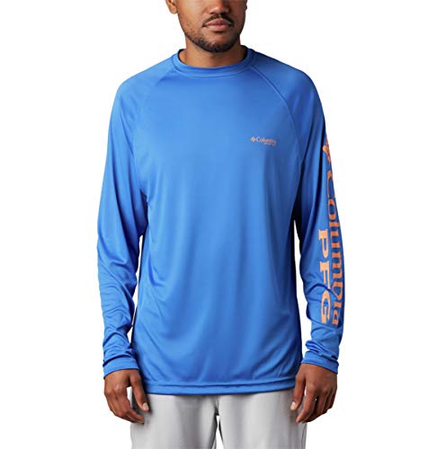 Columbia Men's Standard PFG Terminal Tackle Long Sleeve Shirt, Vivid Blue/Bright Nectar Logo, Large