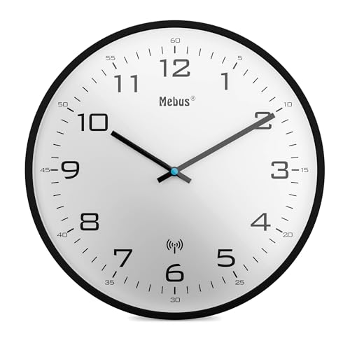 Immagine prodotto: Mebus Orologio da parete senza fili, 30 cm, silenzioso, cornice nera, quadrante bianco, modello 13079 - Display grande e chiaro, nero