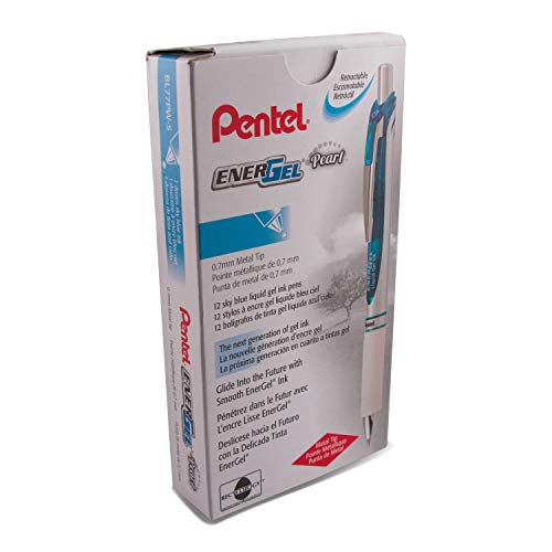 Pentel EnerGel Pearl Retractable Liquid Gel Pen, (0.7mm) Metal Tip, Medium Line, Sky Blue Accent, Sky Blue Ink, 12 pack (BL77PW-S)