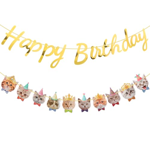 Andibro Katzen Happy Birthday Banner Set, 10 Katzengesichter Dekoration mit Geburtstagsgirlande Bunte Kätzchen Party Wimpelkette Kronen Dekor für Katzen Motto Geburtstagsparty Zubehör(Katze)