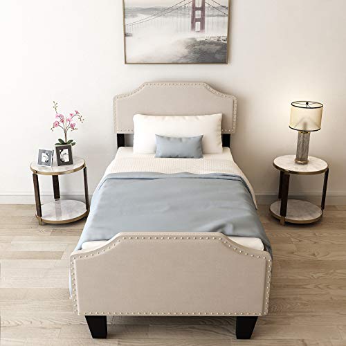 mecor Upholstered Linen Platform Bed - Nailhead Trim Twin Bed Frame with Curved