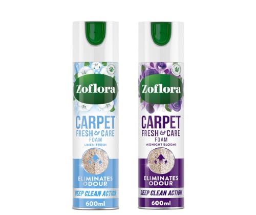 Zoflora Carpet Care Foam (2 x 600ml), Linen Fresh & Midnight Blooms, Odor Eliminator for Carpets & Upholstery, Deep Cleaner For Rugs, Deodorize with Long-Lasting Fragrance, Pack of 2