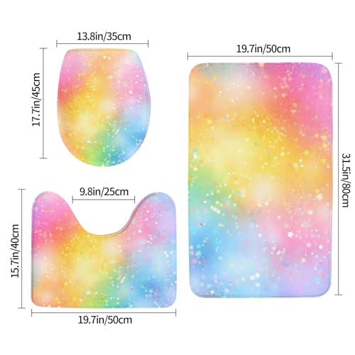Funda para asiento de inodoro y alfombras con estampado de brillo arcoíris multicolor decorativo 3