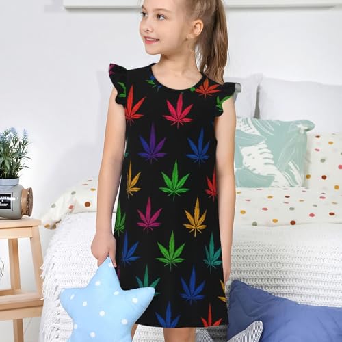 Augenstern Flutter Sleeve Nightgown Pajama Gown Colorful Leaf Weeds Easy Pull-On Sleepwear Nightdress4
