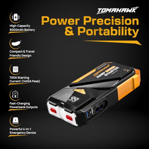 Image of TOMAHAWK JUM-5635 8000mAh Fast-Charging Jump Starter PowerBank | 700A (1400 A Peak) | LED Flashlight with SOS & Strobe | Type-C Quick Recharge | 12 Month Replacement Guarantee