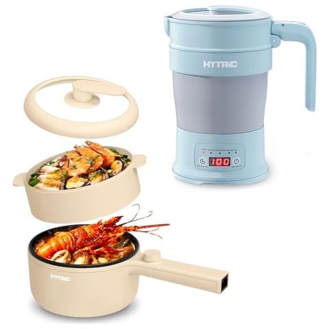 HYTRIC Travel Electric Kettle, 700ML Foldable Small Kettle & 1.5L Portable Nonstick Hot Pot Electric with Steamer Cover