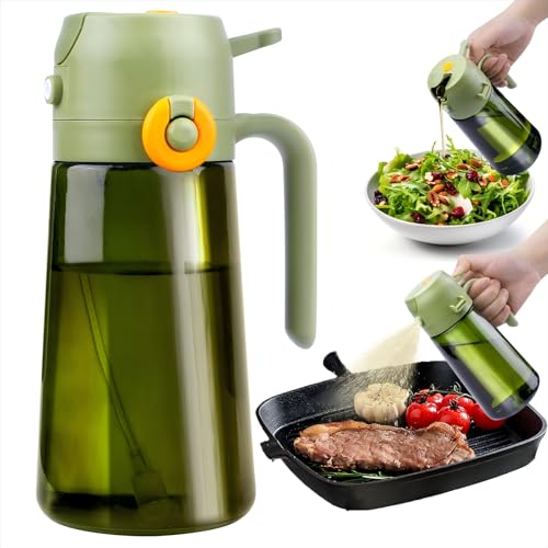 Olive Oil Spray Bottle 16oz/470ml, 2-in-1 Oil Dispenser & Mister Light-Blocking Glass, Side-Flip Snap Sprayer for BBQ, Kitchen, Cooking (Green)