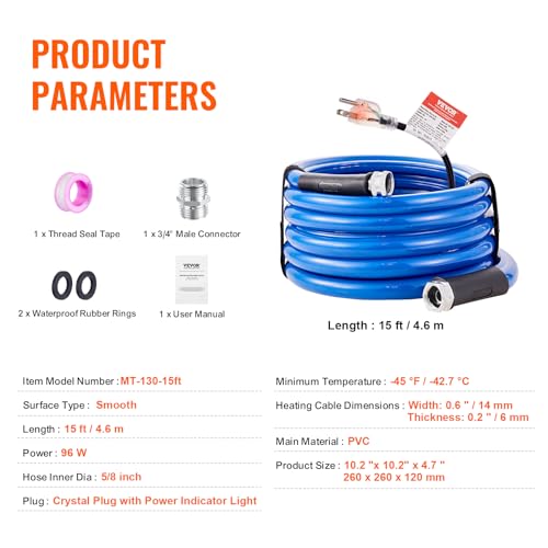 VEVOR 15ft Heated Water Hose for RV, Heated Drinking Water Hose Antifreeze to -45°F, Automatic Self-regulating, 5/8" I.D. with 3/4" GHT Adapter, Lead and BPA Free by VEVOR - Image 7
