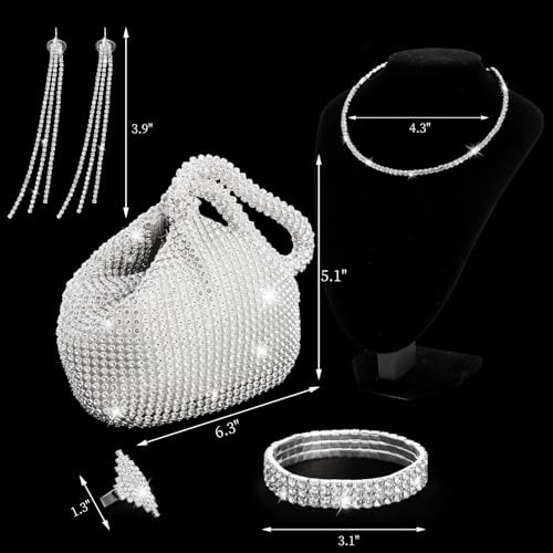 5 Pcs Rhinestone Silver Jewelry Set, Shiny Clutch Purse for Women, Silver Necklace Set, Wedding Jewelry, Bling Necklace Earrings Bracelet Ring for Women2