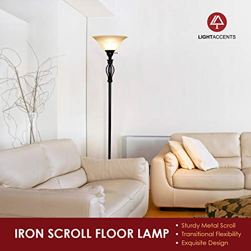 Floor Lamp for Living Room Decor by Light Accents - Tall Floor Lamp Bed Room Decor - Traditional Iron Scrollwork Standing Lamp Pole Light with Alabaster Glass Bowl Shade – 70" Tall- (Bronze)