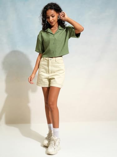 Image of Tokyo Talkies Women's Boxy Shirts | Solid | Short Sleeves | Cuban Collar