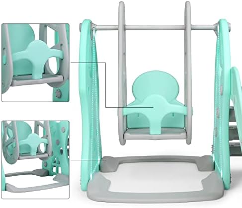 3-in-1 Kids Swing and Slide Set, Toddler Climber and Swing Set with Stable Basketball Hoop, Garden Long Slide, Easy Climb Stairs for Indoors or Outdoor(Green+Grey)