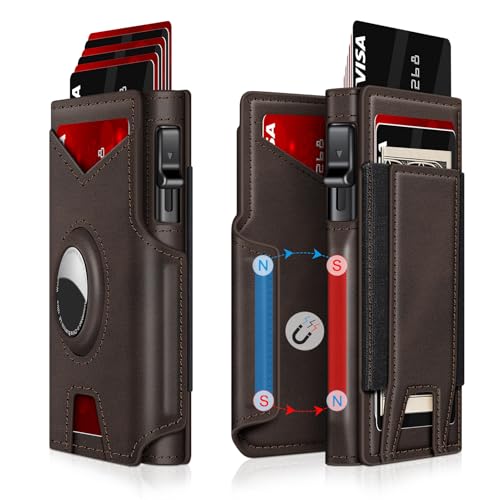 Airtag Wallet for Men, Minimalist Slim Mens Wallet Smart Pop Up Credit Card Holder for 9-13 Cards, RFID Blocking Wallet with ID Window & Cash Slot, Compact Bifold Metal Aluminum Card Case