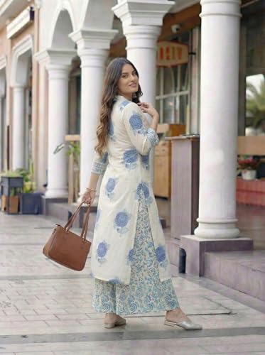 Image of ANNI Designer Women's Viscose Blend Straight Printed Kurta Palazzo Co-ord Set | Ethnic Kurti Palazzo Suit | Round Neck 3 /4 Sleeve Indian Traditional Outfit | 2 Piece Co ord Set for Women