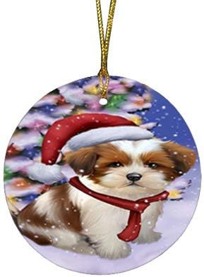 Santa Sled Dogs Lhasa Apso Christmas Round Flat Ornament - Pet Decorative Hanging Ornaments for Christmas X-mas Tree Decorations - 2.75" Round Flat Ceramic Christmas Ornament POR1530