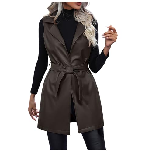 Chaqueta de invierno para mujer, gabardina, chaqueta de ocio, chaleco con cinturón fijo, chaqueta de piel sintética, cuello vuelto, chaqueta, abrigo, café, L