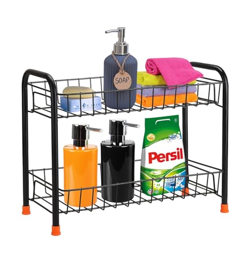 Image of Zepdos Metal 2 Tier Kitchen Storage Rack | Counter Organizer Shelf, Spice Rack for Kitchen, Utensil Stand | Rust Resistant Heavy Duty Wire Basket Rack | Countertop Rack Organizer (Black)