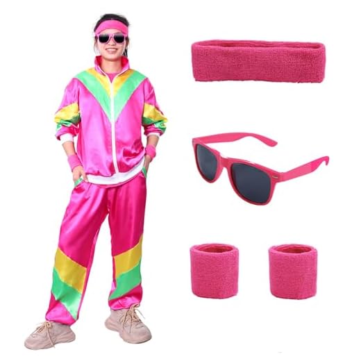 Suffolly Disfraz Años 80 Unisex, Disfraz Años 80 Hombre, Disfraz Pareja Adultos con Diademas Muñequeras Gafas Años 80 Chandal Retro Conjunto Años 60 y 70 para Adultos Fiesta Carnaval (Rosa, L)