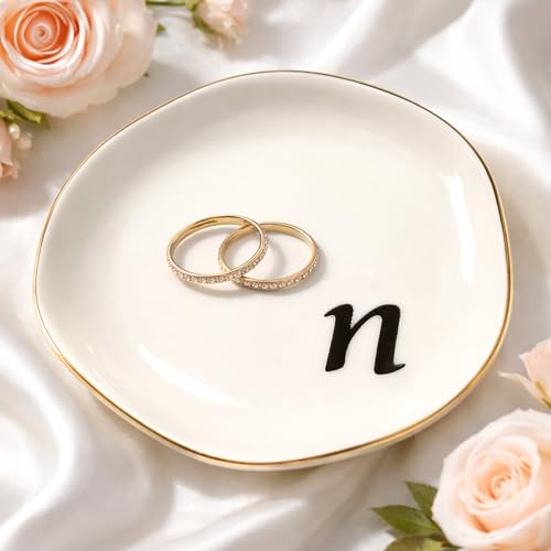 TIGYGY Initial Ring Dish - White Ceramic Jewelry Tray for Nightstand & Sink, Anti-Loss Trinket Organizer, Meaningful Engagement or Birthday Gift for Women, Sister, Friends (Letter N)