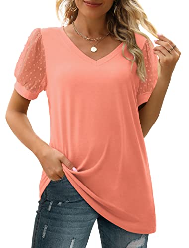 Aokosor Womens Tshirts Loose Fit Puff Short Sleeve Shirts Cute Tops Trendy Vneck Coral L #TOP2
