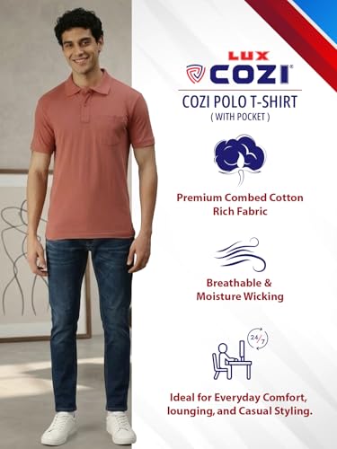 Image of Lux Cozi Men's Polo T-Shirt Regular Fit Half Sleeves with Pocket | Cotton Blend Polo Neck Collar T-Shirt for Men | Casual, Office Comfortable Breathable T-Shirt | Stylish Plain Tee