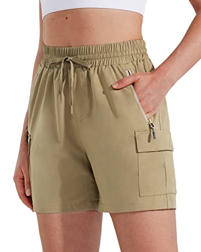 MASKERT Wanderhose Damen Kurz Outdoor Sports Shorts 5'' Laufshort Stretch Sporthose Laufhosen Sommer Kurze Cargohose Wandershorts mit Taschen, Khaki M