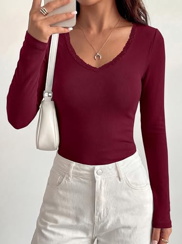 BTFBM Lace Deep V Neck Long Sleeve Shirts for Women Fitted Going Out Tops Night Out Outfits Fall Fashion Clothing 2026(Burgundy, Small) — view 3
