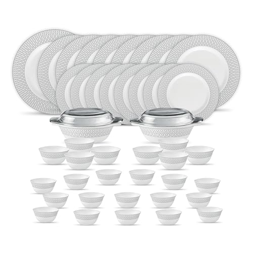 La Opala Diva Velvett Collection Opal Glass Crockery | for Family of 8 | Dinner Set 45 pcs Tudor Grey | Plates & Bowls for Dining | Microwave Safe | 100% Vegetarian | Extra Strong | Light & White