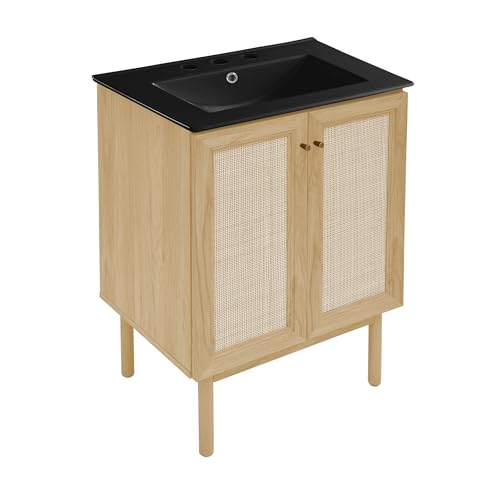 Image of Swiss Madison Classe 24 inch Freestanding Bathroom Vanity in Natural Oak with Black 3-Hole Centerset Sink Top