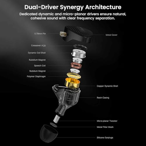 Image of Concept Kart GK Streak Hybrid in-Ear Monitor Wired IEM with Mic, KUN Dynamic Driver + Micro-Planar Tweeter, High-Resolution Audio, Silver-Plated Cable, Type-C Termination Plug (Black)