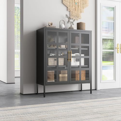 Mein-Regal Highboard Glasgow Schwarz, Glasvitrine aus Metall, Beistellschrank für Wohnzimmer, Büro, Esszimmer, mit Glastüren im Industrial Style LxBxH 90x35x110 cm für Bücher und Deko