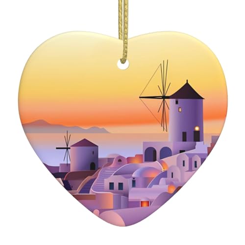 Paisaje de puesta de sol de la isla de Grecia, un adorno de cerámica en forma de corazón de 2.9 pulgadas con un patrón impreso es perfecto para decoraciones de fiesta