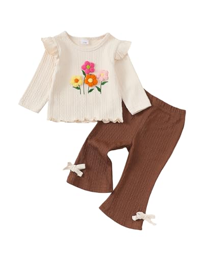 Kucnuzki Toddler Baby Girl Clothes Outfit Long Sleeve Ruffle T Shirt Top Bell Bottom Pants Two Piece Fall Winter Outfits