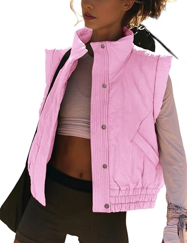 SKIKYAN Women Quilted Puffer Vest Button Down Scrunch Sleeveless Winter Stand Collar Padded Gilet with Pockets(Pink-S)
