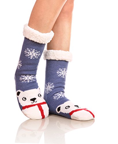 Womens Sherpa Winter Fleece Lining Knit Animal Socks Non Slip Warm Fuzzy Cozy Slipper Socks (Polar Bear)