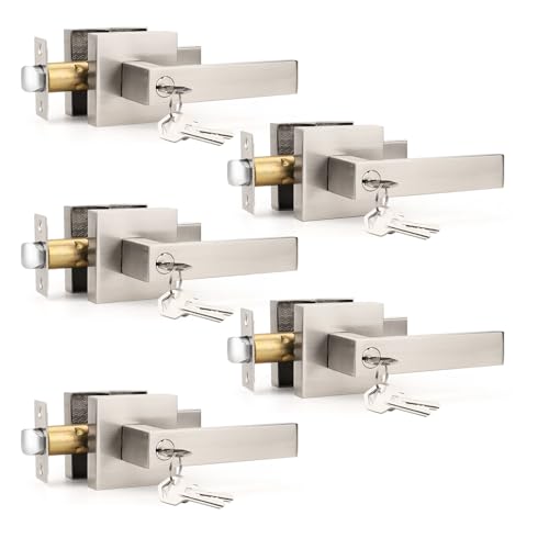Brotima 5 Pack Brushed Nickel Door Levers Interior Bedroom Entrance Door Handles Door Lock Set One Keyway Entry Keyed Alike Door Handle Same Key Entrance Lockset Each with 3 Same Keys