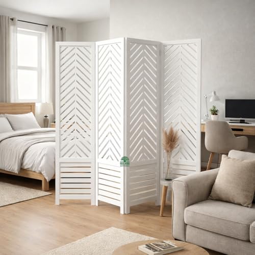 Image of Wooden Room Divider 6 Feet, 4-Panel Folding Wooden Partition for Living Room, Office, Pooja Room, Restaurant, Kitchen & Balcony (2W x 1.82H Meters). (White-Cone Pattern)