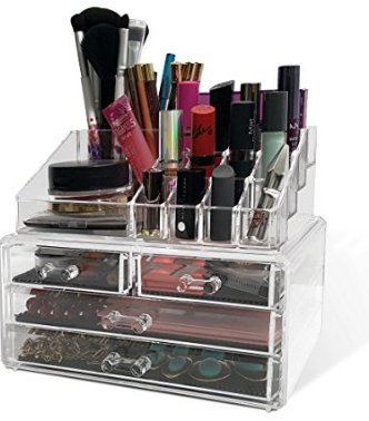 Acrylic Makeup Organizer for Counter/Countertop with Drawers for Brushes Cosmetics Jewelry Holder/Space Saver Two Piece Set