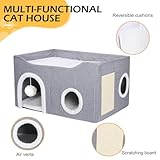 Foldable Cat House, 2-Layer Large Soft Cat Bed Cave Cube with Scratching Board, Hideaway and Fluffy Ball, Grey - Image 3