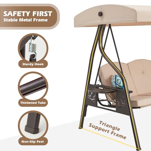 Image of ZZW 3-Seat Outdoor Porch Swing with Stand, Patio Swing with Canopy, 2 in 1 Porch Swing Bed & Patio Swing Chair for Adult, Yard Swing w /Extra Pillows and Cup Holder
