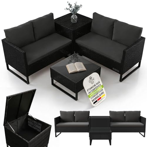 Juskys Coin Lounge extérieur Santorini en polyrotin - Salon de Jardin avec Table Basse et Coffre à Coussins - Meubles de Jardin en Imitation rotin résistant...
