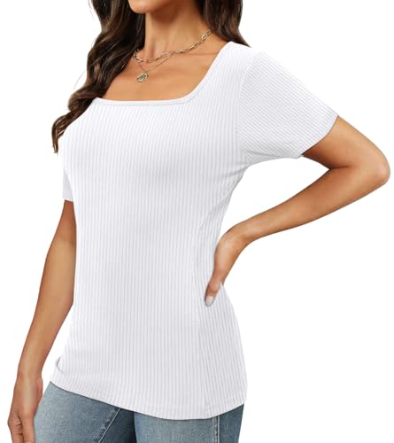 Image of XIEERDUO Womens Square Neck Short /Long SleeveTops 2024 Spring Summer Slim Fit Tees Shirts