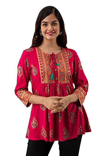 Image of DMP FASHION Women's Rayon Classic Printed Boota Top with Beautiful Tassels and Buttons at Front Black