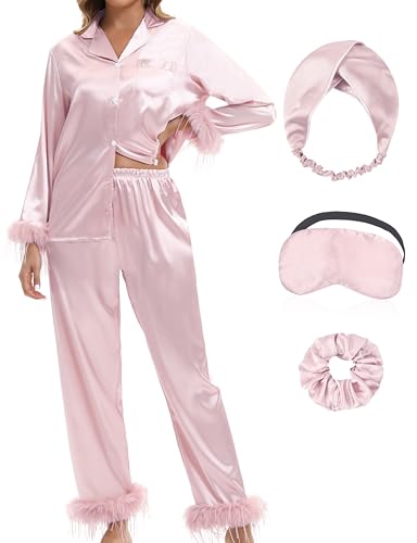 MORFORU Satin Pajama Set for Women Feather Trim Long Sleeve Pjs with Sleep Mask Headband Scrunchie Sleepwear Lounge Set (Lotus Root Pink/L)