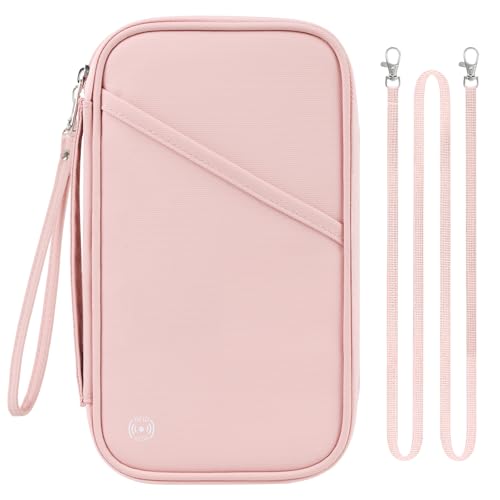 Travel Passport Wallets, Airtag Lightweight Family Passport Holder With RFID Blocking Passport Cover Case Waterproof Bag Document Organizer for Men and Women-pink