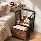 360° Swivel Nightstand with Height Adjustable, Lift Top Bedside Table with Charging Station, Rolling Night Stand with Fabric Drawer, End Table with Wheels, for Bedroom, Living Room, Rustic Brown