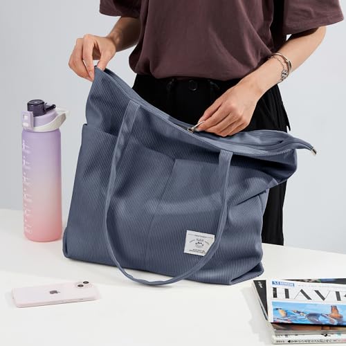 Image of KALIDI Women Corduroy Tote Bag Zipper Casual Tote's Handbag Big Capacity Shoulder Bag with Pockets