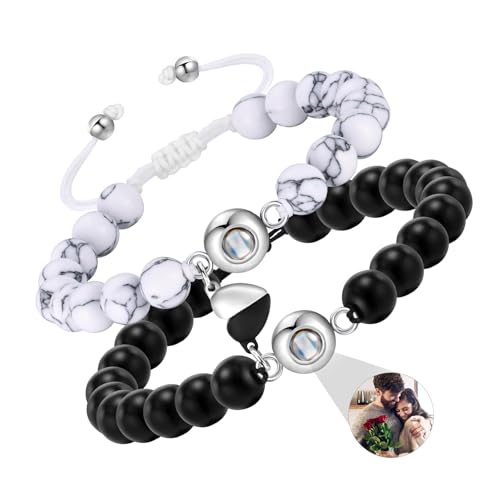 MEALGUET Personalized Couple Bracelet with Picture Inside : Handmade His and Hers Matching Beads Couple Bracelets Projection Photo Bracelet Customized Christmas Gifts for Men Husband, Valentine Gift