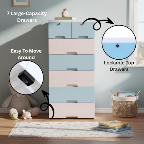 Image of The Tickle Toe Plastic Chest of 7 Drawers for Kids | Multipurpose Organizer with 2 Locks | Portable Wardrobe Cabinet for Clothes & Toys | Glossy Finish | 51L x 33W x 121H cm | 4 Blue & 3 Pink